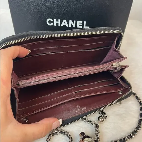 CHANEL CC QUILTED LAMBSKIN ZIP AROUND WALLET ON A CHAIN. Box & COA Included